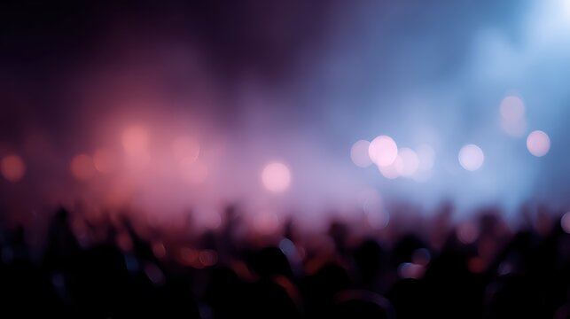 Energetic concert crowd with colorful lights, blurred background