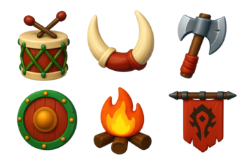 Variety of symbols and objects, including a drum, a shield, a horn, a sword, a fire, and a flag. The drum and shield are both red and green, while the horn is brown and white