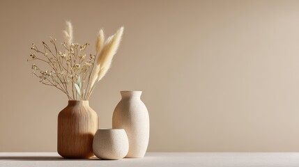 Minimal home decor scene with modern organic sculptures and dried flowers