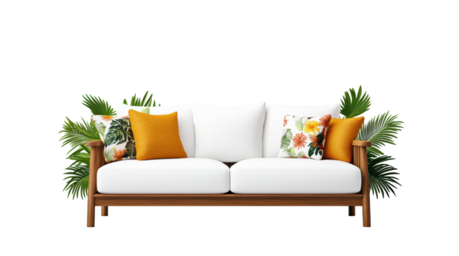 Modern Garden Sofa with Stylish Cushions on Transparent Background