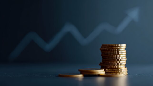 Stack of gold coins with blue graph, silver coins, and upward arrows, finance concept - Powered by Adobe