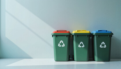 Three recycling bins with colorful lids for sorting waste. Environmental conservation and sustainability. Waste management with copy space