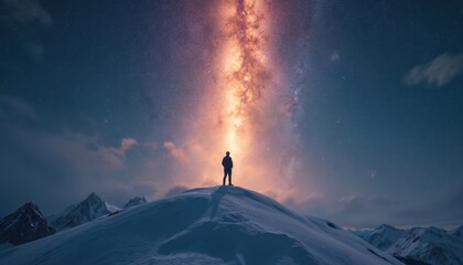 Man stands on snow-covered mountain peak looking up at the Milky Way galaxy in night sky. Silhouette of person on hill against starry cosmos background. Snowy mountains landscape under starry sky.
