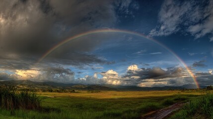 Obraz premium Colors blend in the sky as a bright rainbow appears above serene fields at sunset.