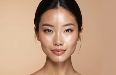 Young woman face comparison before, after makeup application. Half of face bare skin, half with foundation, highlighter, lipstick. Smooth, flawless, radiant complexion, beauty, transformation,