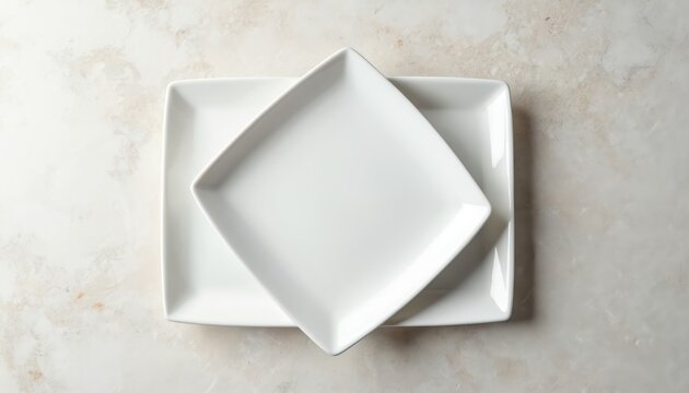 Empty white plates on light stone background, top view with copy space. Square, rectangular ceramic dishes for restaurant food presentation. Clean modern tableware for meal serving elegant dinner - Powered by Adobe