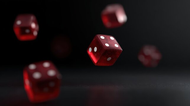 Set of premium casino dice on black background, 3D render, falling and rolling