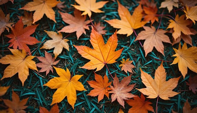 Close view of fallen autumn maple leaves scattered on green grass. Maple leaves in vibrant orange, yellow, and brown colors create a seasonal carpet. Red stems add contrast to foliage. - Powered by Adobe