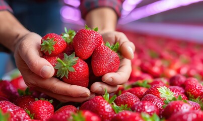 Technician closely examines strawberries in a greenhouse, demonstrating quality control in agriculture