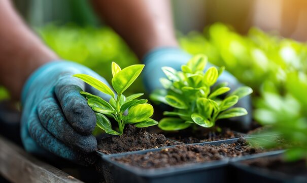 Lab technician examines young plants in a greenhouse environment, ensuring healthy growth and research quality