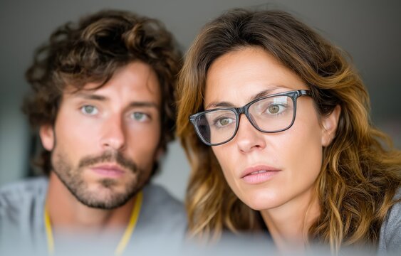 A male cloud architect and a female database engineer focus on data analysis in a contemporary office setting