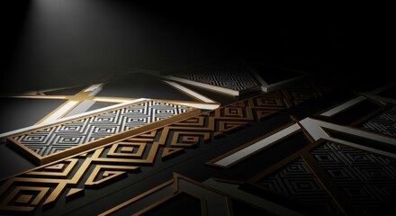 Intricate patterned tiles, gold and gray, set at angled perspective, dark lit