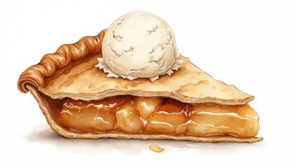 Watercolor drawing of piece of apple pie with vanilla ice cream scoop on white background. Delicious dessert illustration for food blog. Sweet baked pastry, fruit filling and dairy topping.