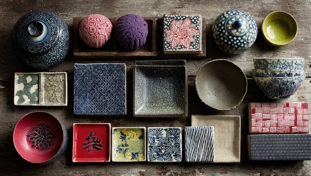 Ceramic dishes and bowls arranged on a rustic wooden surface
