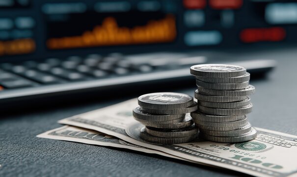 Stacks of coins sit on top of dollar bills, highlighting the connection between currency and data economy