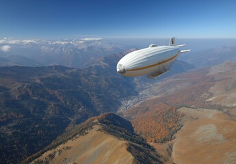 Fototapeta premium An airship glides over scenic mountains at dawn, showcasing autumn's vibrant colors and natural beauty