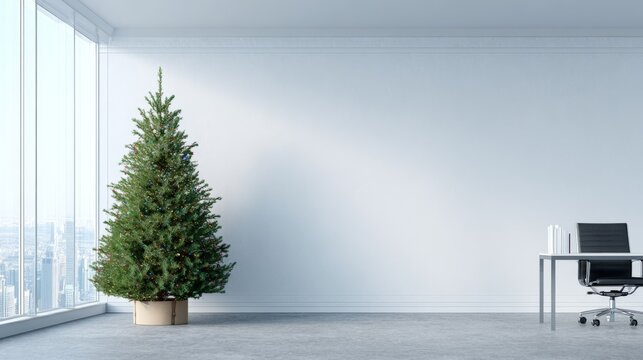 A decorated Christmas tree stands in a modern office space with a city view through large windows.
