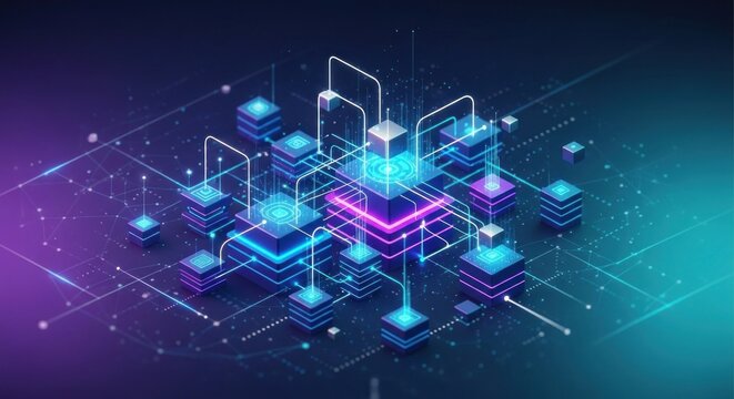 Isometric network of interconnected blocks, glowing in blue and purple hues