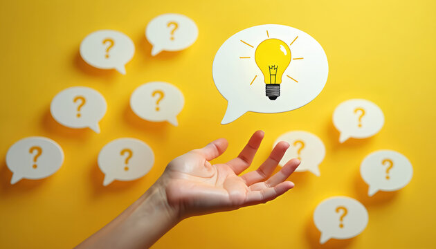 Hand reaches for glowing light bulb surrounded by question mark speech bubbles. Finding answer to complex problem. New idea generation. Creative thinking solution.
