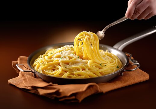 Chef skillfully twirls fresh pasta in a pan, showcasing culinary expertise in a modern kitchen setting