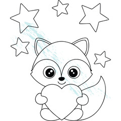 Cute Fox Holding Heart with Stars Outline Drawing for Kids Coloring Book