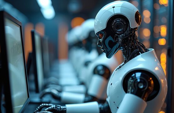 AI robots work at computers. Modern cybernetic technology perform data science. Futuristic humanoid automations type code. Robots use tech for processing data, solving problems. Artificial