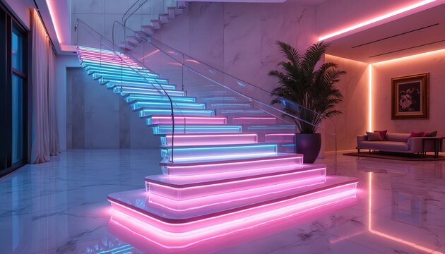 Modern interior features L shape floating stairs with colorful LED lights. Glass railings guide up modern guest room with marble floors and contemporary decor. Luxurious design.
