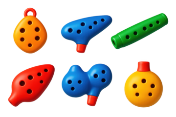 Collection of musical instruments, including a flute, a tambourine, and a maraca