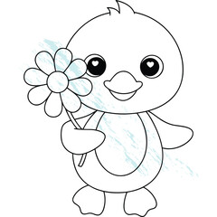 Cute Cartoon Baby Duck Animal Coloring Page Outline Drawing for Children's Activities