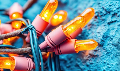 Orange string lights shine brightly against a textured blue wall, creating a festive winter atmosphere