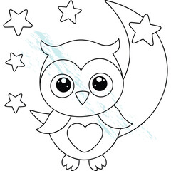 Cute Cartoon Owl Coloring Lineart Page with Moon and Stars for Kids Activity