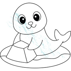 Playful Baby Seal Character in Cute Cartoon Lineart Style Holding Ice Cube