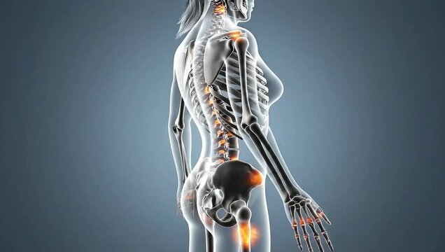 3D rendering of a female human skeleton with highlighted areas of pain or inflammation in the spine, hip, and leg joint, illustrating medical conditions.