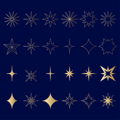 Elegant golden line star shapes collection, minimalist geometric starburst and twinkle vector icons for decorative design and premium graphic elements