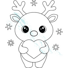 Cute Kawaii Reindeer Holding Heart Surrounded by Snowflakes for Coloring Page
