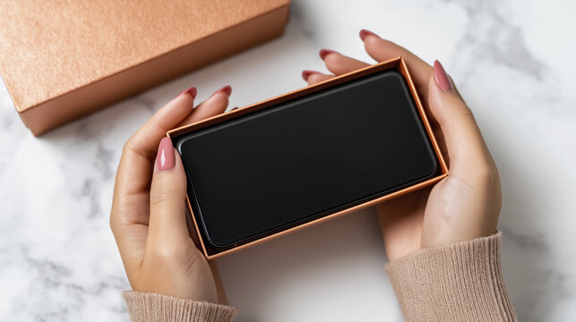A woman opens a smartphone box, revealing a sleek device against a soft, neutral backdrop