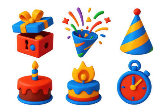 Set of six colorful birthday party decorations, including a cake, a box, a clock, a box, a box, and a hat