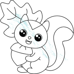 Cute Cartoon Squirrel Holding an Acorn with an Oak Leaf