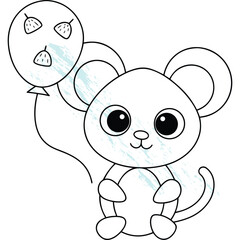 Cute Mouse with Balloon for Kids, Coloring Page Illustration Design Element