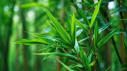 Obraz premium Bright green bamboo leaves stand tall in a lush forest creating a calming atmosphere around them.