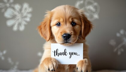 Golden retriever puppy holds thank card indoors. Adorable pet expresses sincere appreciation with cute message. Charming dog brings heartwarming gratitude. Lovely friendly fluffy animal looks at