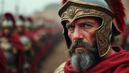 Roman general with helmet and beard looks forward. Soldiers in formation behind him. Ancient military leader with army on battlefield. Power and history theme.