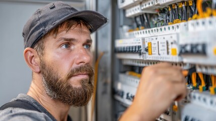 Technician diligently adjusts connections inside an electrical control panel in a bright workshop.