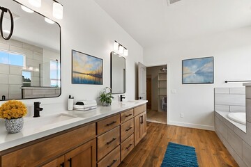This bathroom has two sinks, mirrors, and a spacious bathtub