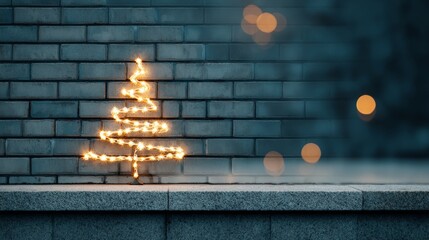 A glowing Christmas tree made of string lights shaped like a festive tree, set against a brick wall with warm bokeh lights in the background.