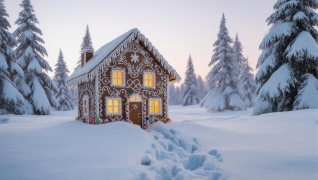 Enchanting Gingerbread House in a Snowy Winter Wonderland Forest. - Powered by Adobe