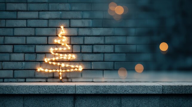 A glowing Christmas tree made of string lights shaped like a festive tree, set against a brick wall with warm bokeh lights in the background. - Powered by Adobe