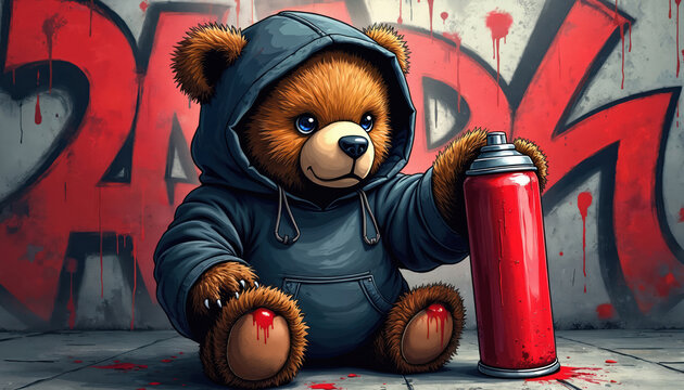 Cute teddy bear in dark hoodie sits on concrete ground. Holds large red spray paint. Behind bear gray wall covered in red graffiti tags, dripping paint. Edgy urban street art scene shows youth