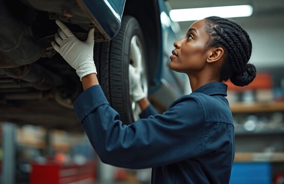 African American woman mechanic works in garage. Fixes car, inspects vehicle underside on lift. Female technician performs maintenance service with skill at auto repair shop. Dedicated worker focused