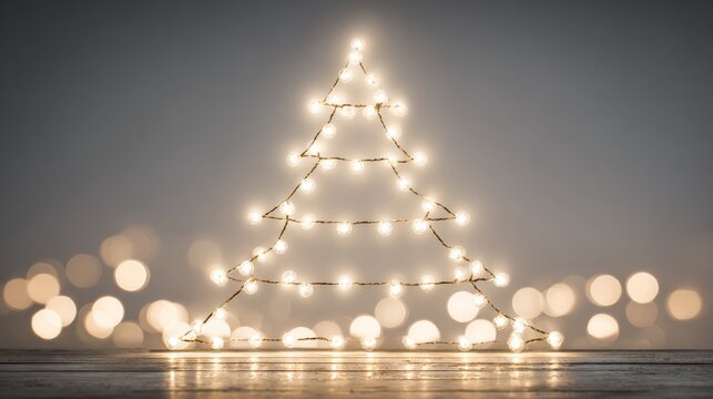 A festive Christmas tree formed by glowing string lights on a wooden surface with bokeh background.